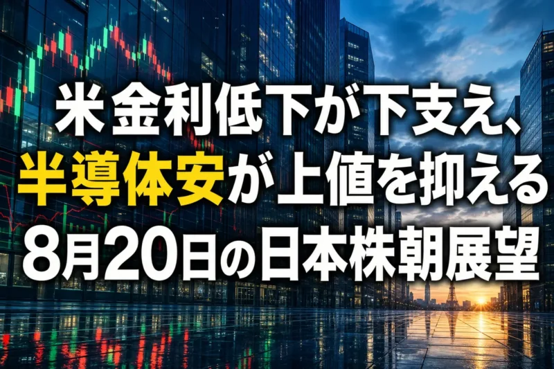 夜明けの東京金融街に市場チャートが映る寄り付き前のイメージ。