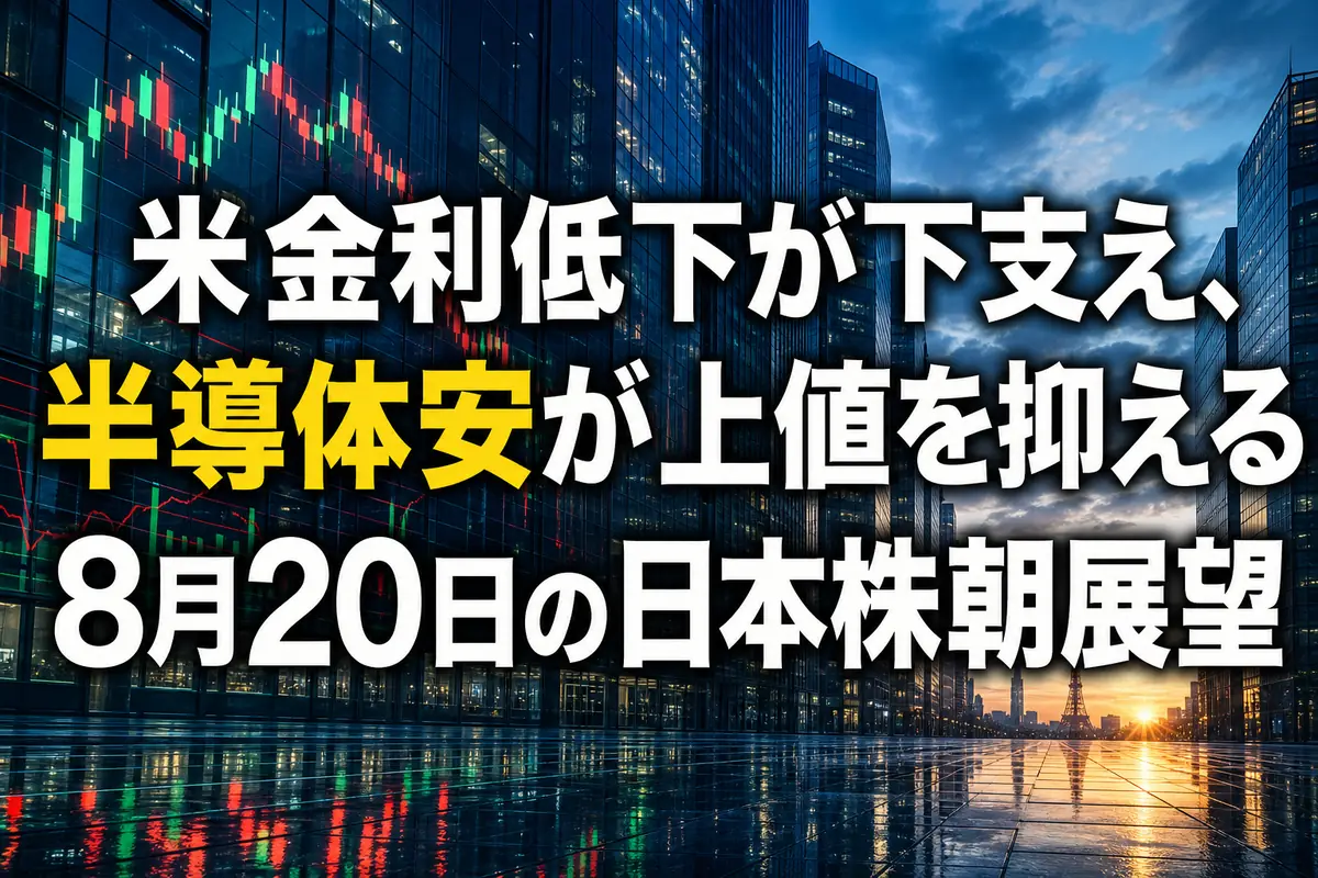 夜明けの東京金融街に市場チャートが映る寄り付き前のイメージ。