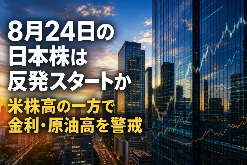 朝日が差す東京の金融街と市場チャートのイメージ。
