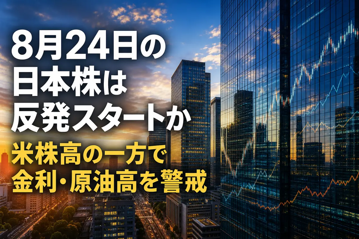 朝日が差す東京の金融街と市場チャートのイメージ。