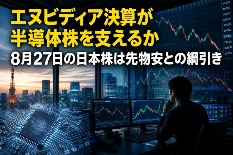 寄り付き前の東京市場と株価チャートをイメージした朝の金融街。