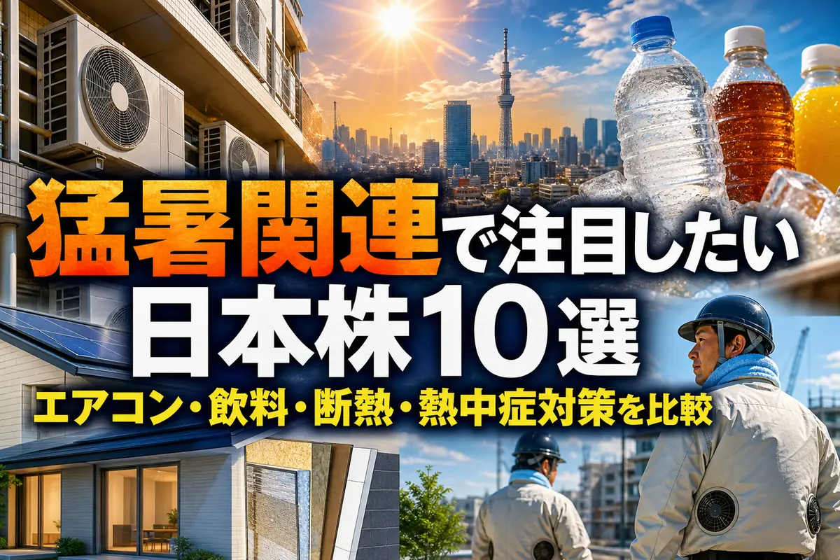 猛暑の都市で空調、飲料、断熱、冷感作業着を表現したイメージ。