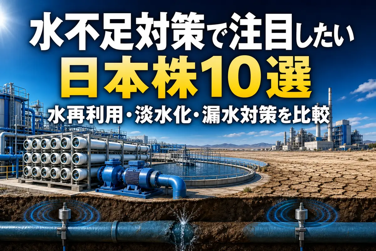 渇水下の工場を支える再利用設備、淡水化膜、漏水監視を描いたイメージ。