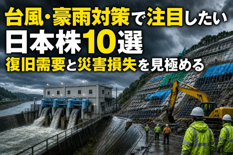 豪雨のなかで河川堤防と排水設備の点検を行う防災工事現場。
