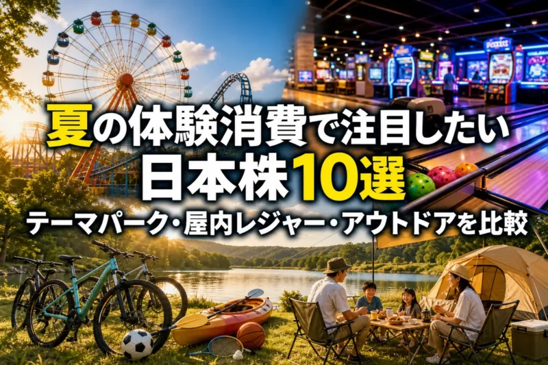 テーマパーク、屋内レジャー、キャンプを組み合わせた夏の体験消費のイメージ。