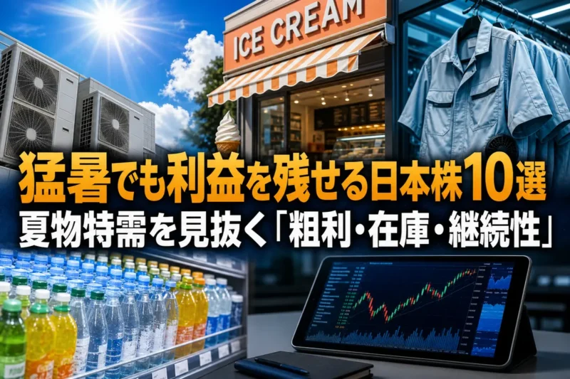 猛暑関連の空調・飲料・冷感商品と株価分析を表したイメージ。
