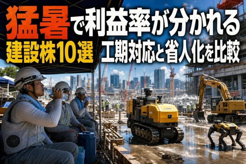 猛暑下の建設現場で自動化機械と作業員が施工を進める様子。