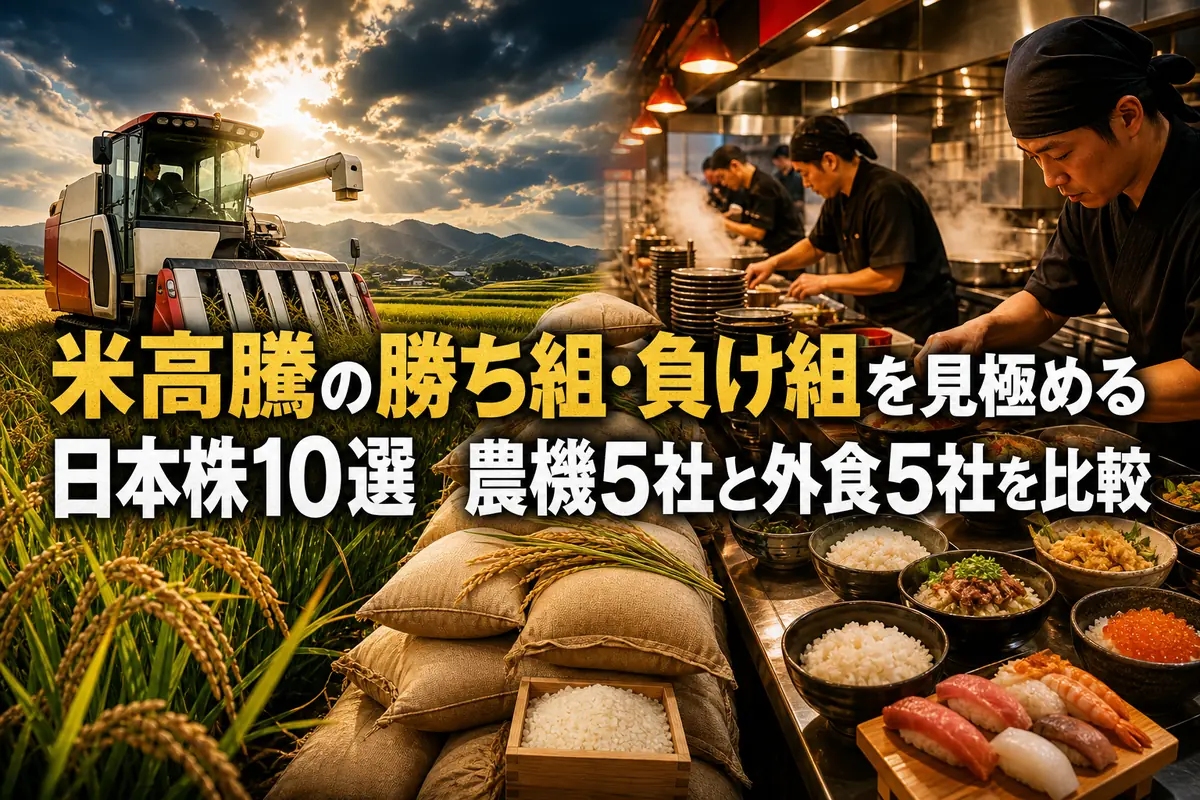 水田の農機と米を使う外食店を対比したイメージ。