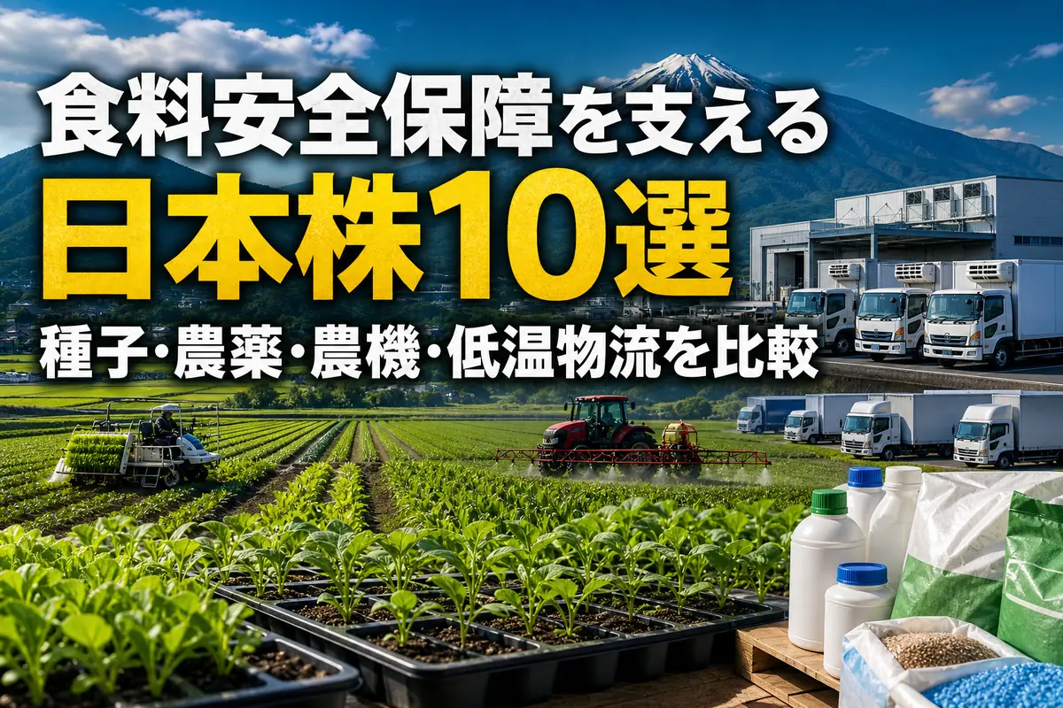 種子、農機、農地、冷蔵倉庫で構成される日本の食料供給網。