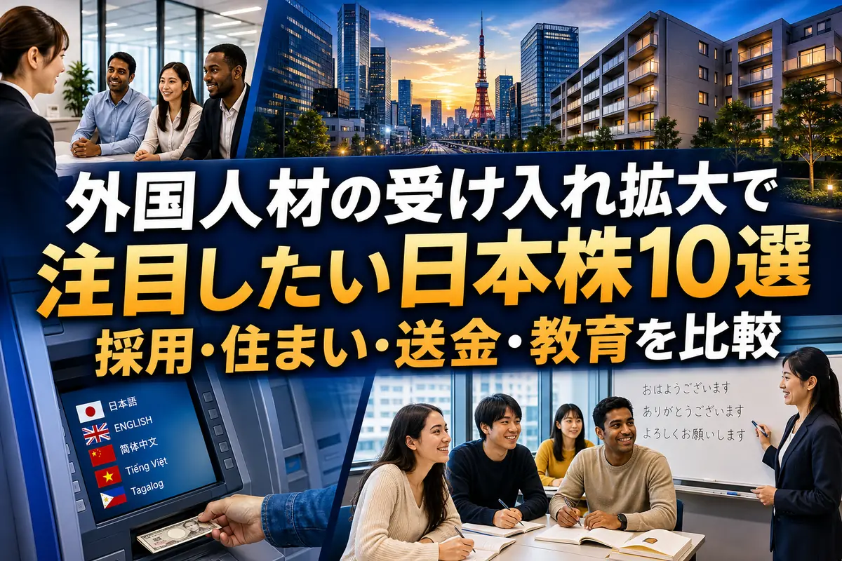 人材、住宅、送金、教育を通じて日本で働く外国人を支える都市のイメージ。