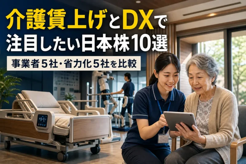介護職員がタブレットや省力化機器を活用する高齢者施設の様子。