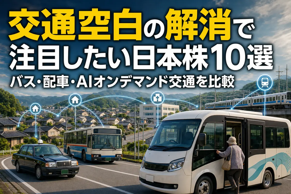 地方の駅前でオンデマンド交通と路線バスを利用する人々。