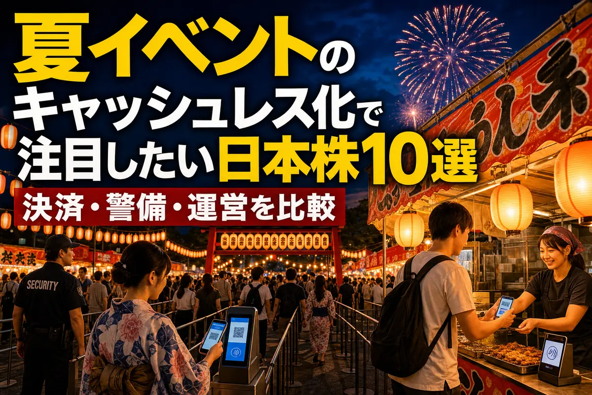キャッシュレス決済に対応した夏祭り会場と夜空の花火。