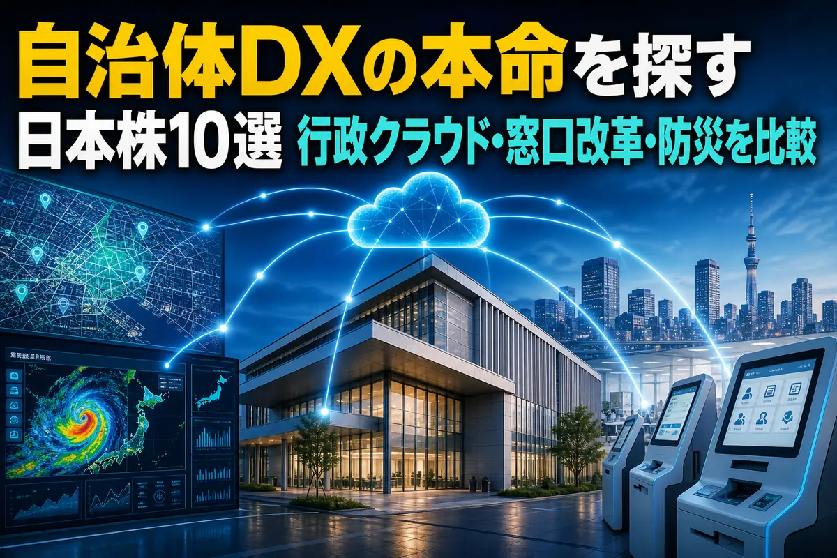行政クラウドと窓口、防災情報がデジタル網でつながる自治体DXのイメージ。