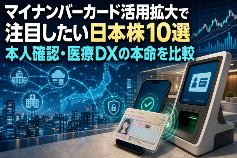 マイナンバーカードを読み取るスマートフォンと医療・行政システムのイメージ。