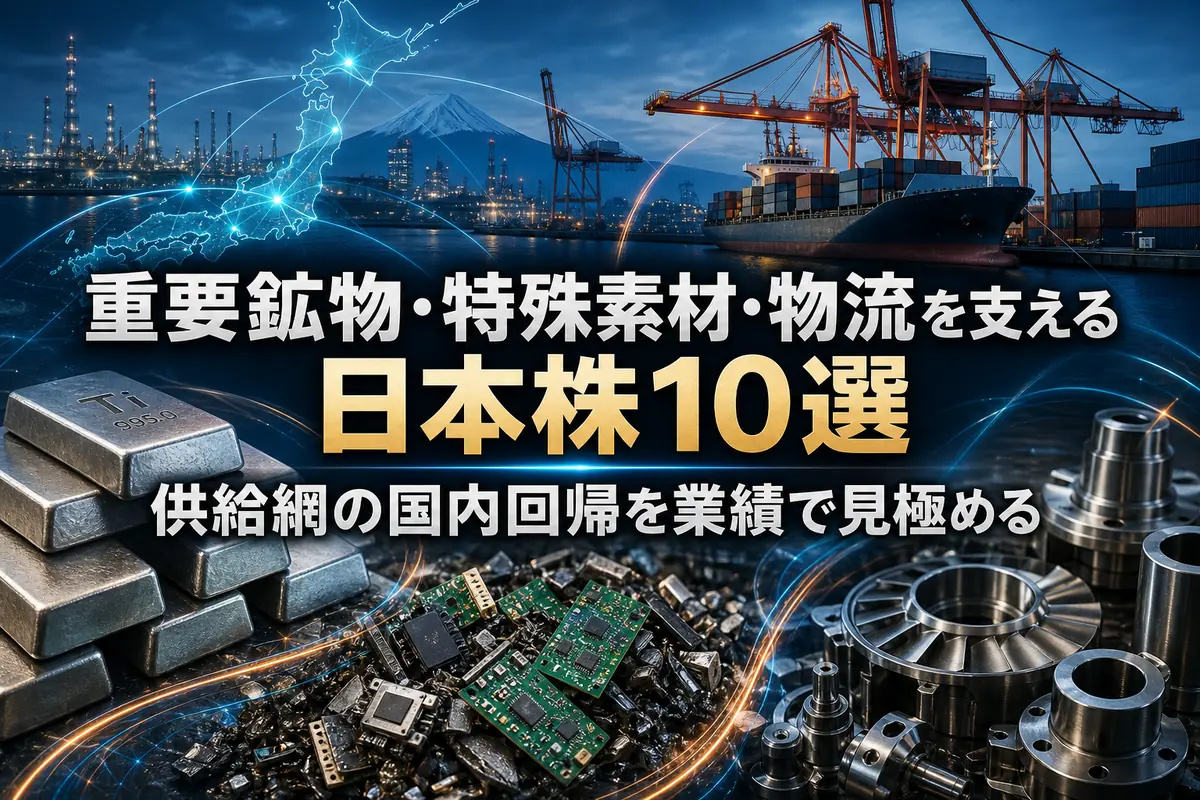 重要鉱物、特殊素材、貨物船で構成された日本の供給網のイメージ。
