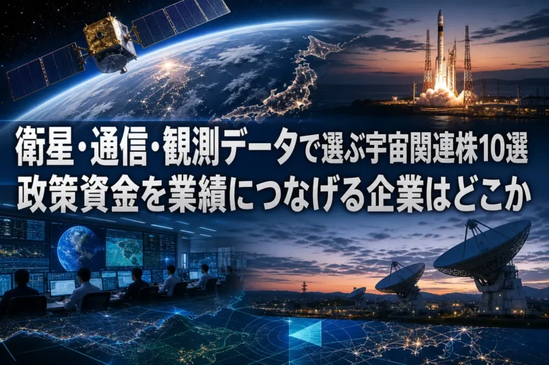衛星、ロケット、地上局で構成される日本の宇宙産業を表したイメージ。