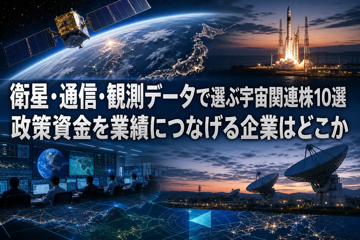 衛星、ロケット、地上局で構成される日本の宇宙産業を表したイメージ。