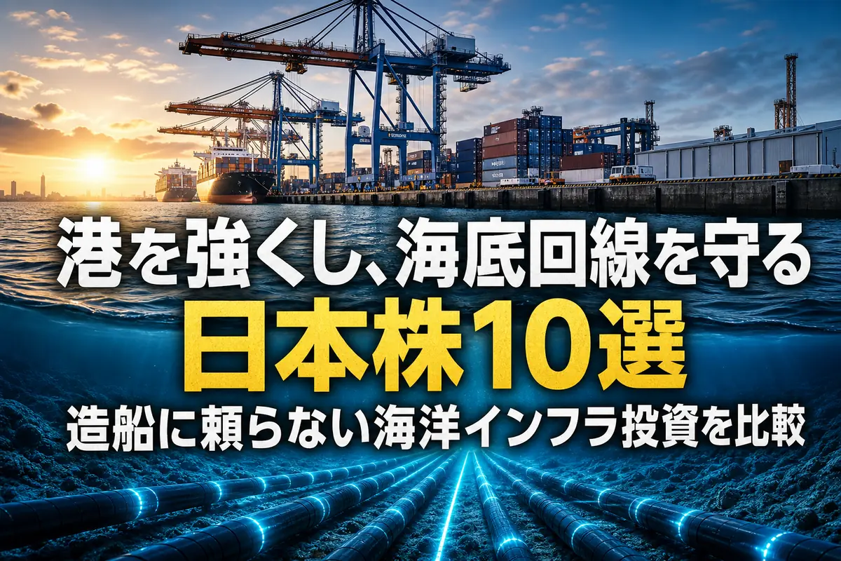 港湾クレーンと海底通信ケーブルが日本の海洋インフラを支えるイメージ。