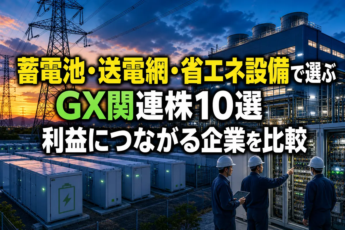 蓄電池設備と送電網、省エネ工場が並ぶGXインフラの風景。