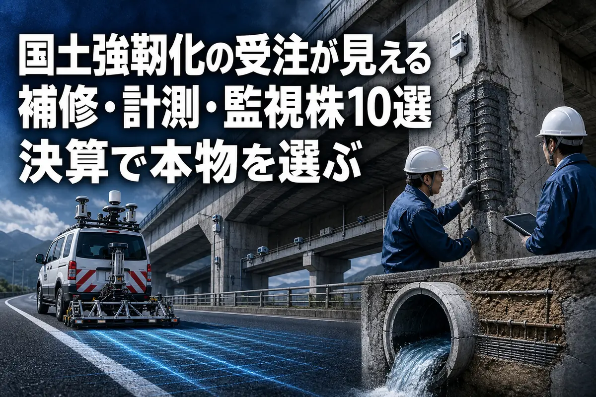 橋梁や道路、上下水道を点検・補修する技術者と計測機器。