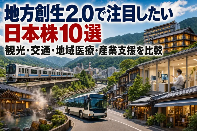 交通、観光、地域医療が連携する日本の地方都市の風景。