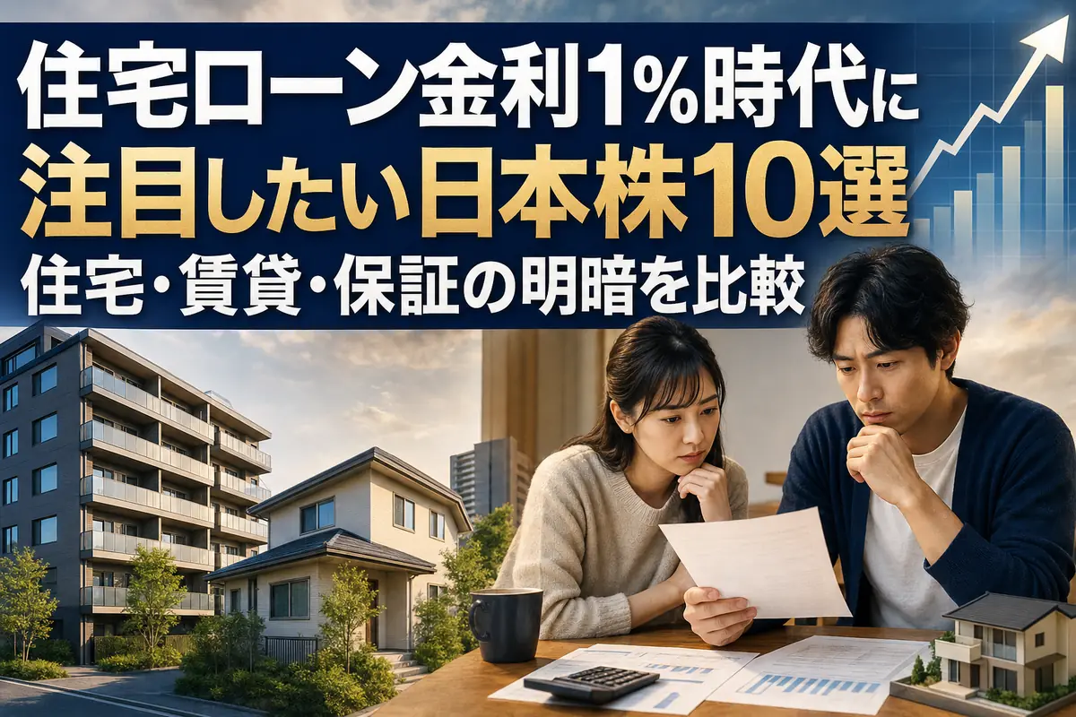 住宅ローン資料を確認する家族と日本の住宅・賃貸物件。