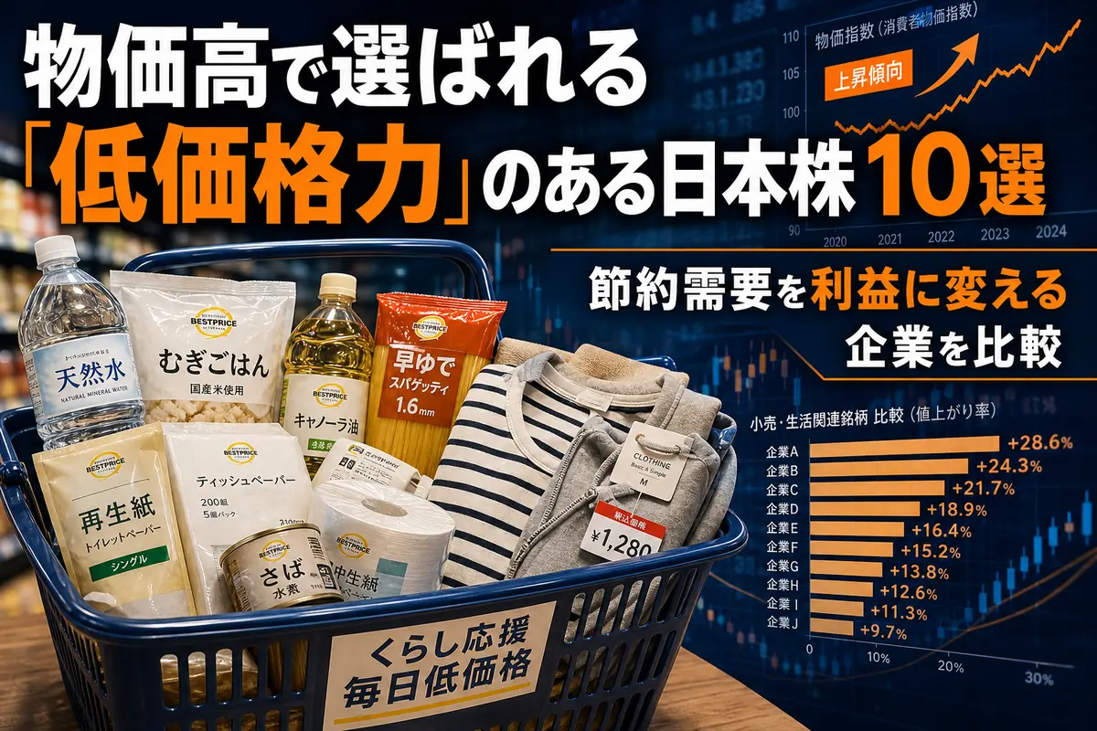 物価高のなかで食品や日用品を比較する買い物かごのイメージ。