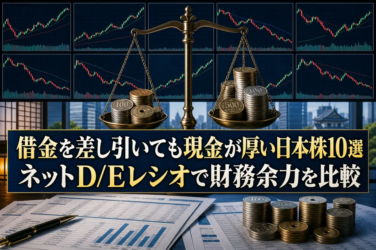 現金と有利子負債を天秤で比較する日本株の財務分析イメージ。