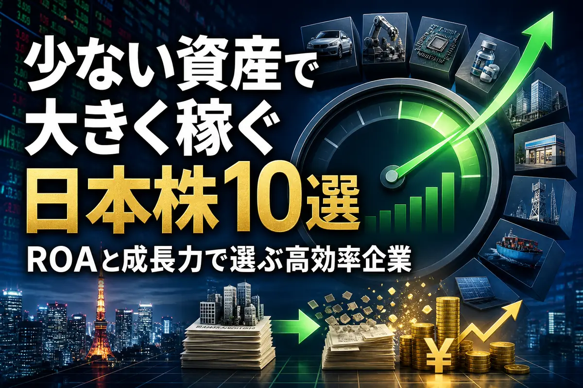 ROAで高効率な日本株10社を比較する財務分析のイメージ。