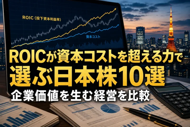 ROICとWACCを比較する日本株の財務分析イメージ。