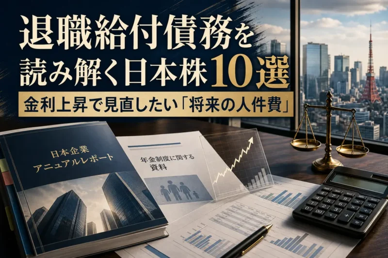 退職給付債務と企業年金の資料を分析するデスク風景。