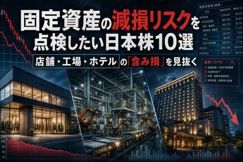 店舗・工場・ホテルの固定資産と減損リスクを表現したイメージ。