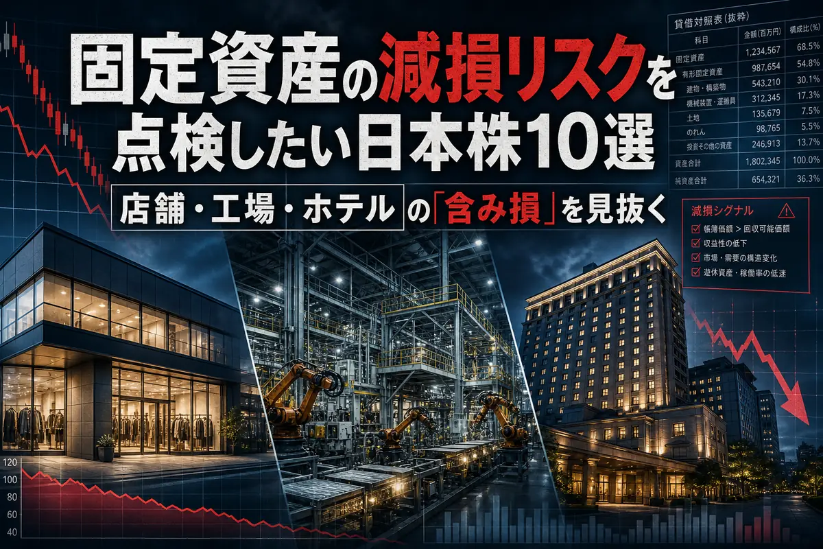 店舗・工場・ホテルの固定資産と減損リスクを表現したイメージ。