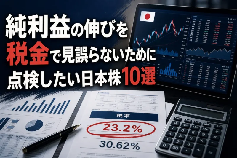 決算資料と株価画面を使って実効税率を分析する様子。
