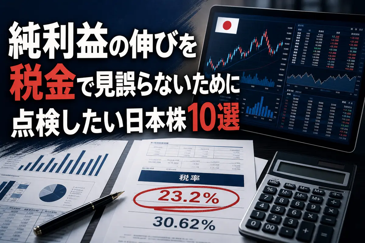 決算資料と株価画面を使って実効税率を分析する様子。