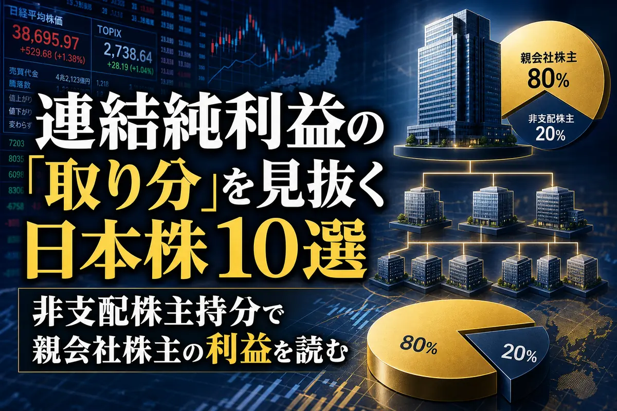 親会社と複数の子会社の利益配分を図式化した財務分析イメージ。