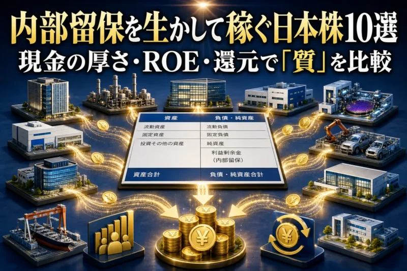 内部留保の使い道が異なる日本企業10社を財務資料とともに比較するイメージ。