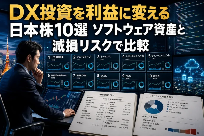 ソフトウェア投資と日本株10銘柄の財務データを比較するイメージ。