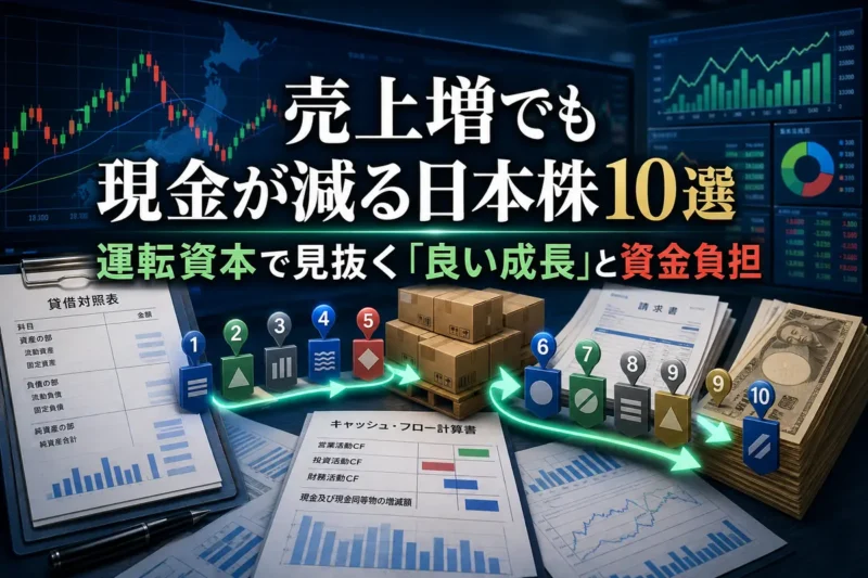 在庫・売掛金・現金の流れを比較する日本株の財務分析イメージ。