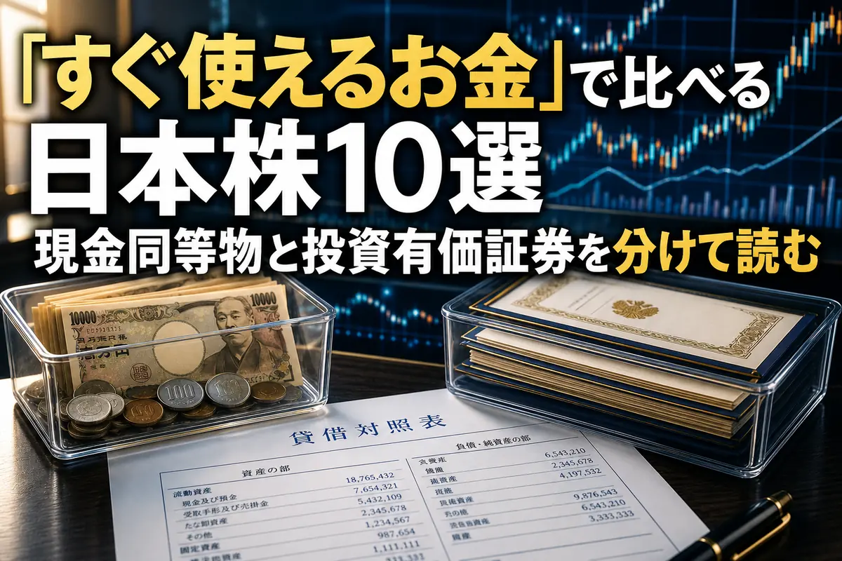 現金同等物と投資有価証券を分けて企業の流動性を分析するイメージ。
