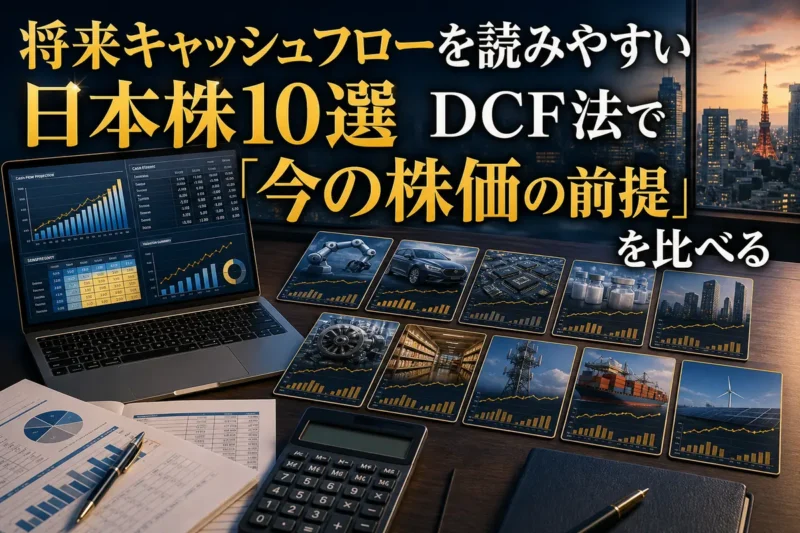 DCF法の感応度表と日本株10銘柄を比較する分析画面。