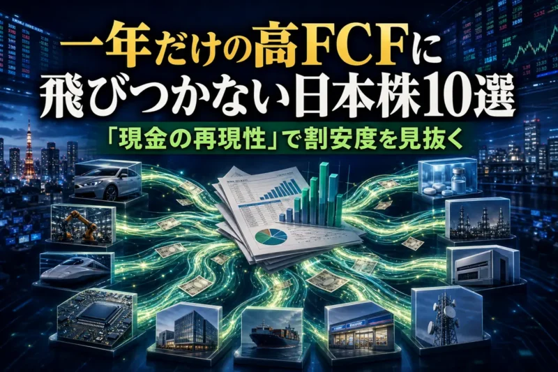 FCF利回りと現金の再現性から日本株10社を比較するイメージ。