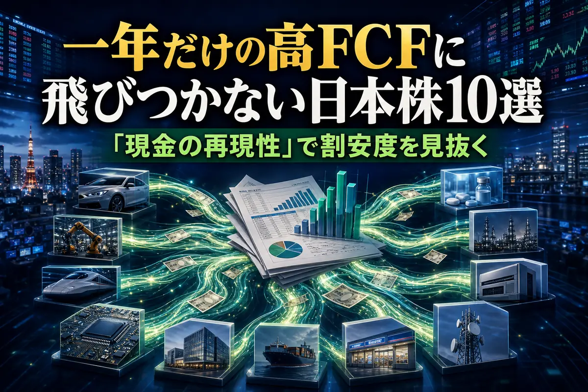 FCF利回りと現金の再現性から日本株10社を比較するイメージ。