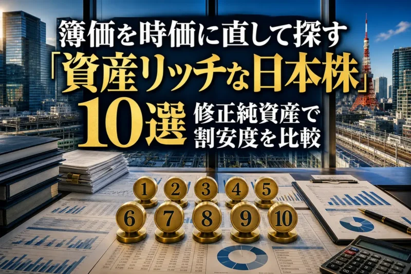 都市不動産や財務資料を使って資産株10社を比較するイメージ。