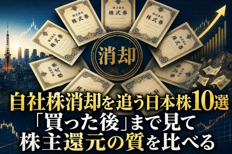 自社株消却による株式数の減少と日本株10銘柄の比較を表したイメージ。