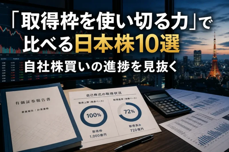自社株買いの発表枠と実際の取得進捗を比較する分析画面。