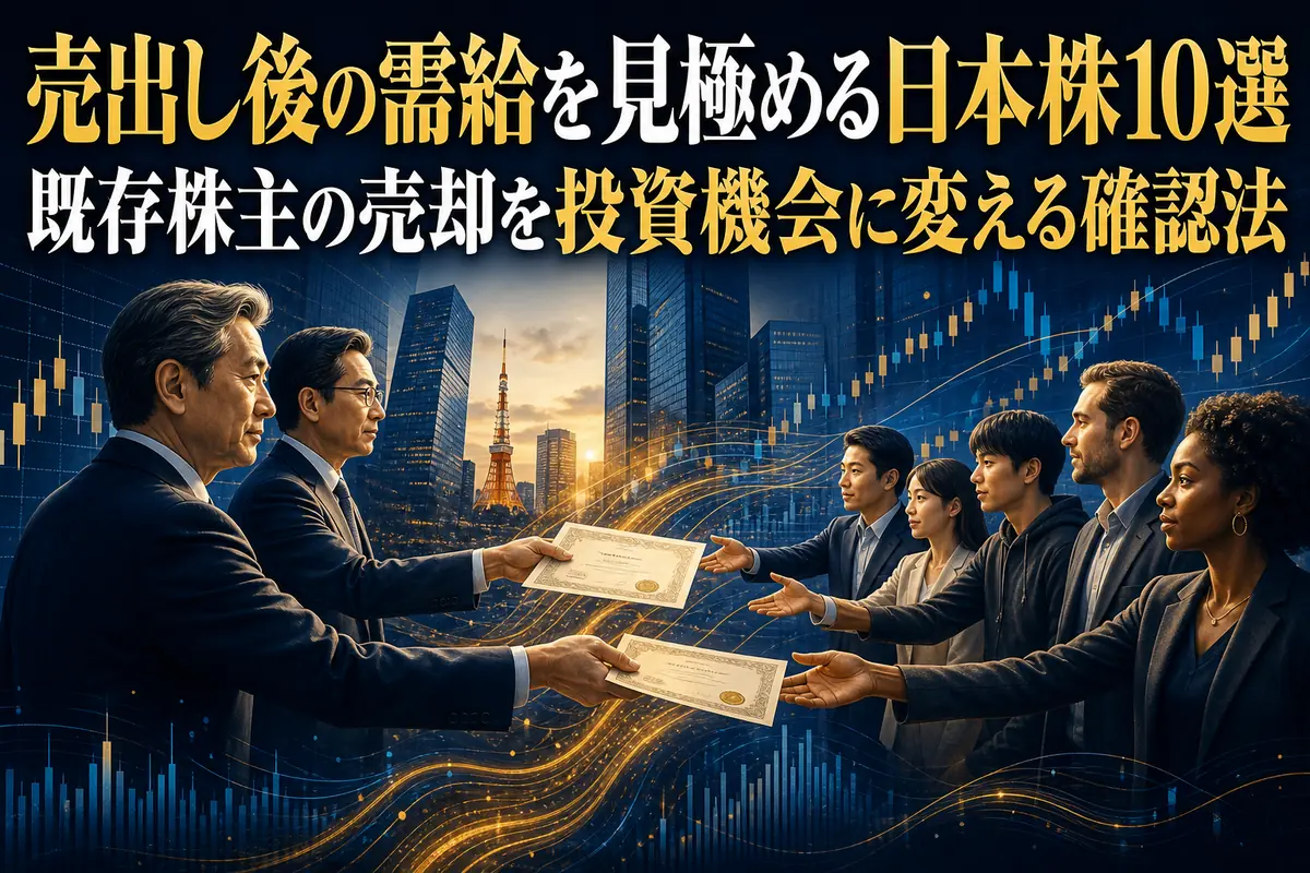 既存株主から市場へ株式が移る売出しの仕組みを表したイメージ。