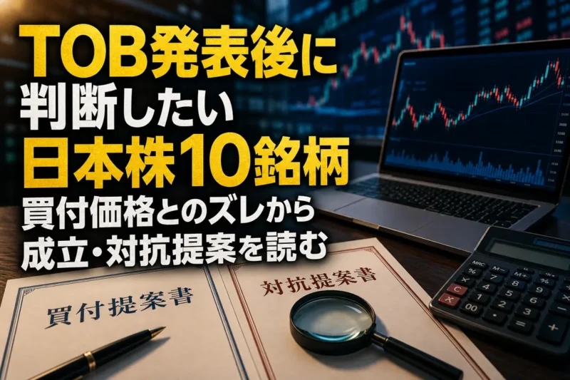 TOBの買付価格と市場価格を比較する投資分析のイメージ。