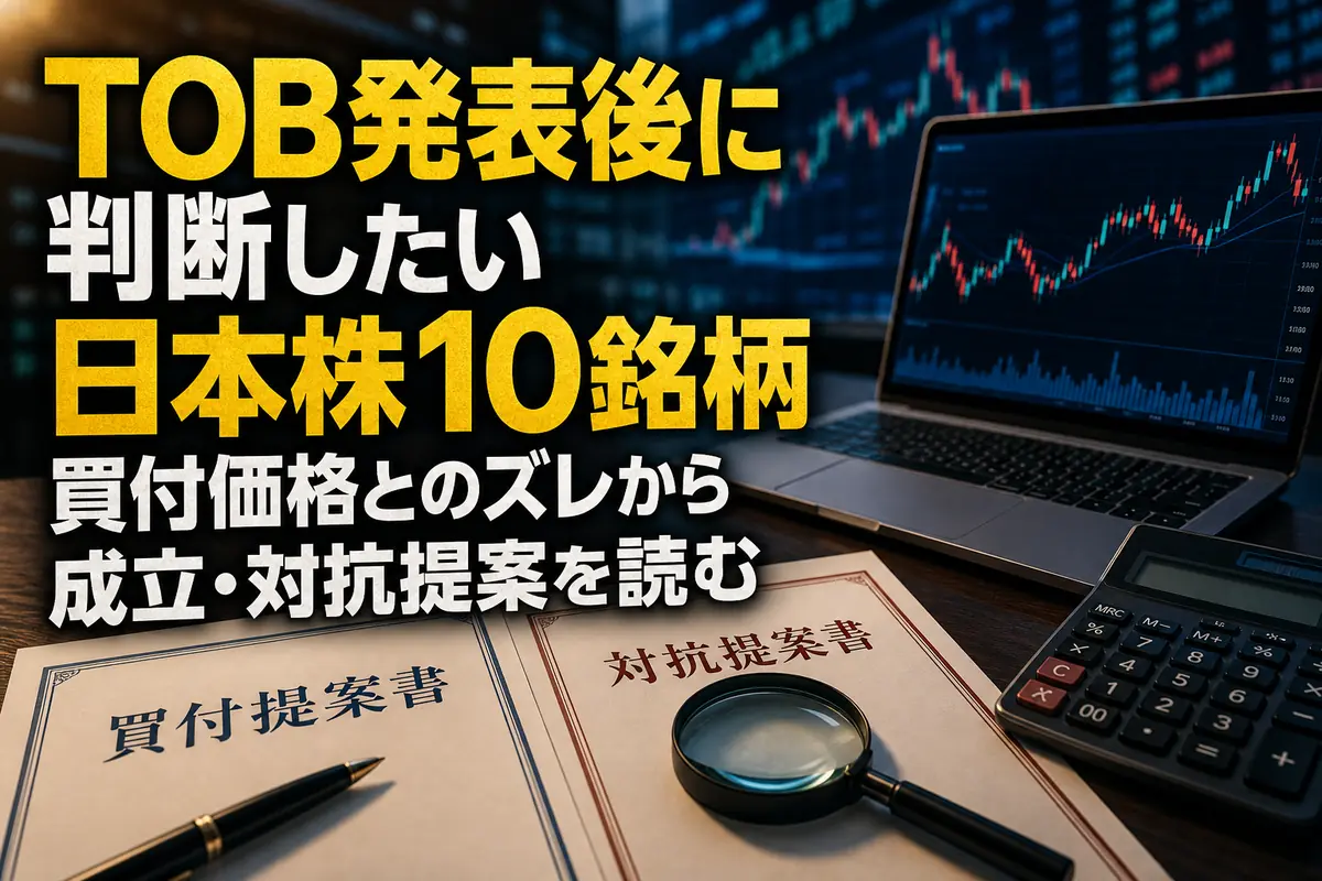 TOBの買付価格と市場価格を比較する投資分析のイメージ。